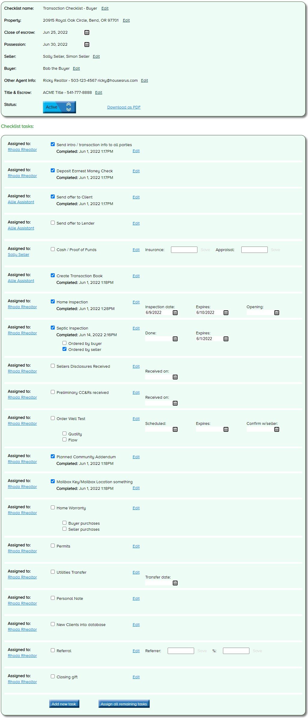 Example of a transaction checklist